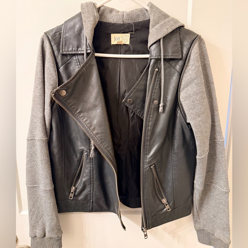 Jolt Black Faux Leather Moto Jacket with Gray Hooded Sleeves